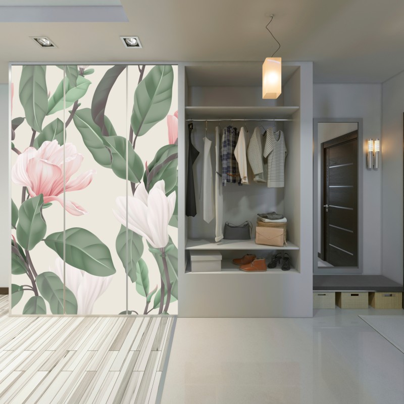 Naklejka na szafę pastelowy wzór z magnolią – Wallissimo® Naklejka na szafę pastelowy wzór z magnolią – Wallissimo®