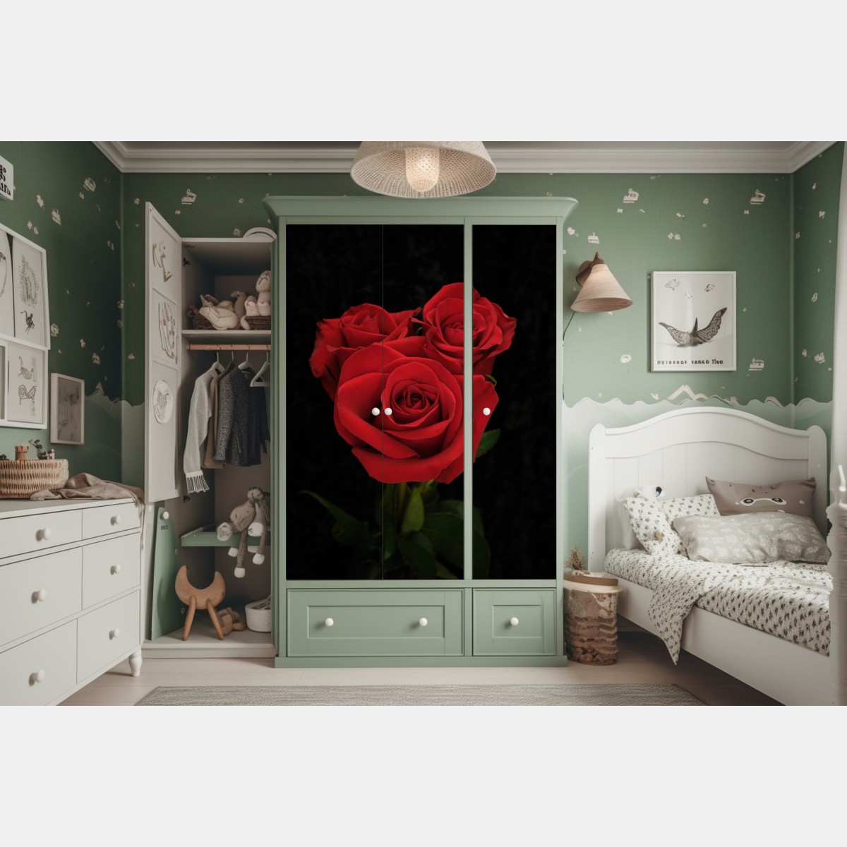 Naklejka na szafę czerwone róże na czarnym tle – Wallissimo® Naklejka na szafę czerwone róże na czarnym tle – Wallissimo®