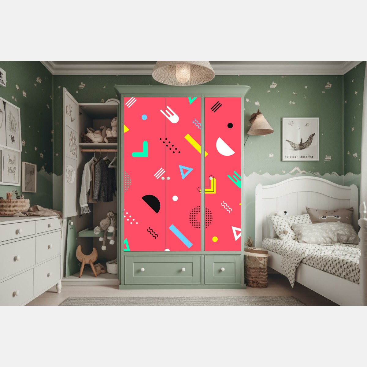 Naklejka na szafę żywy memphis geometryczny wzór – Wallissimo® Naklejka na szafę żywy memphis geometryczny wzór – Wallissimo®