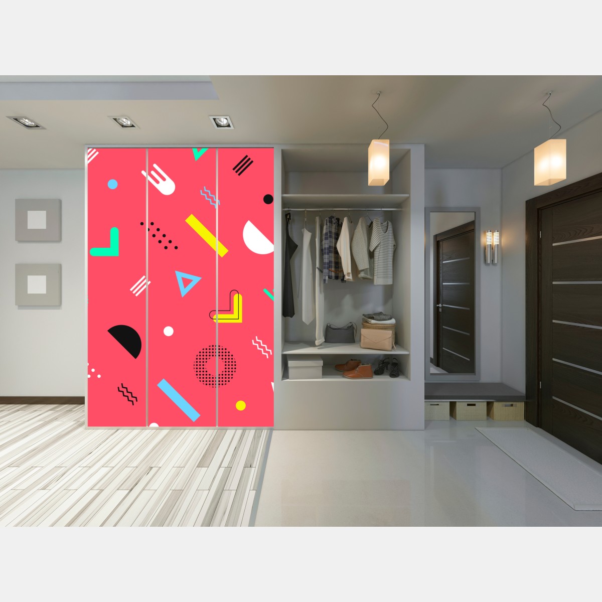 Naklejka na szafę żywy memphis geometryczny wzór – Wallissimo® Naklejka na szafę żywy memphis geometryczny wzór – Wallissimo®