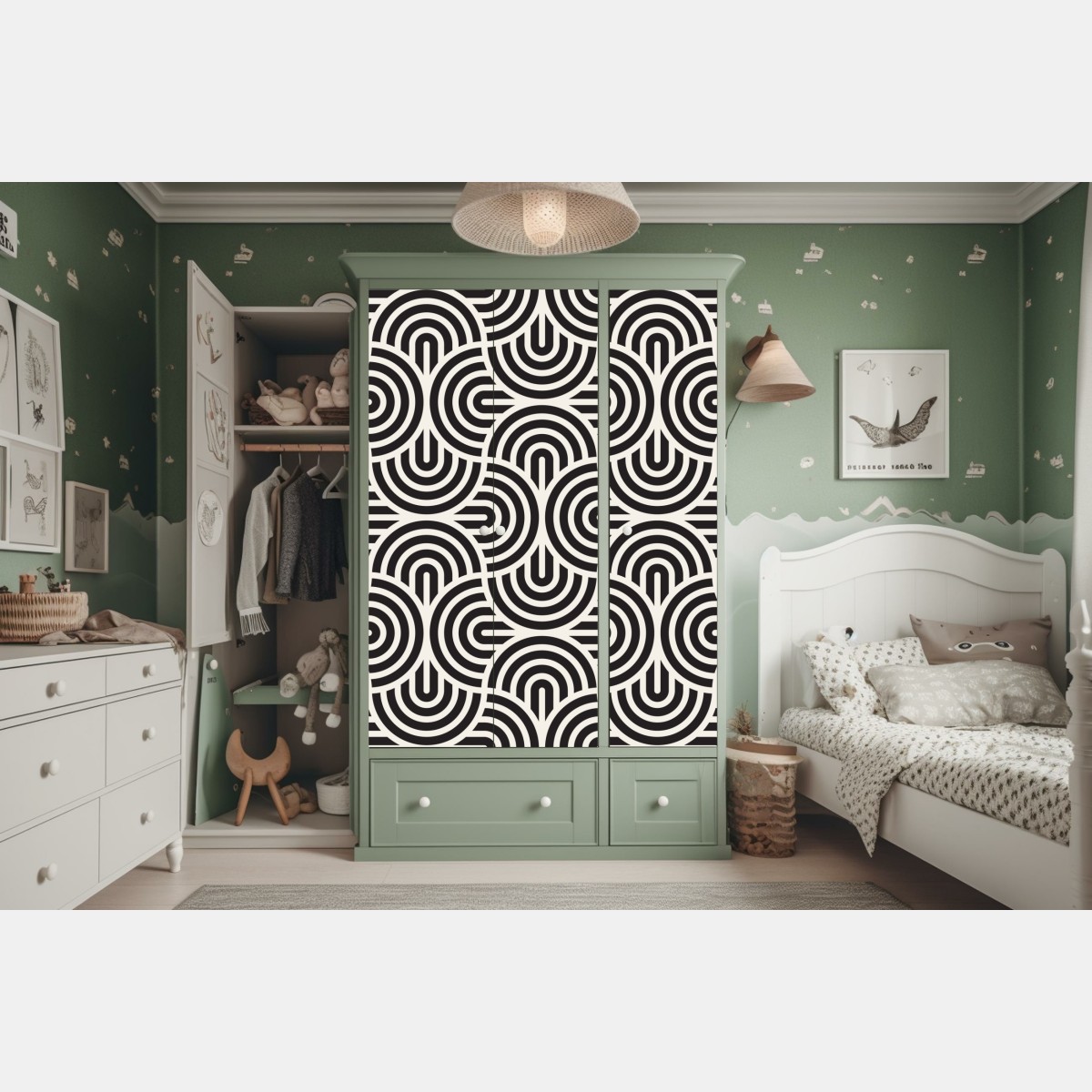 Naklejka na szafę czarno-biały geometryczny wzór – Wallissimo® Naklejka na szafę czarno-biały geometryczny wzór – Wallissimo®