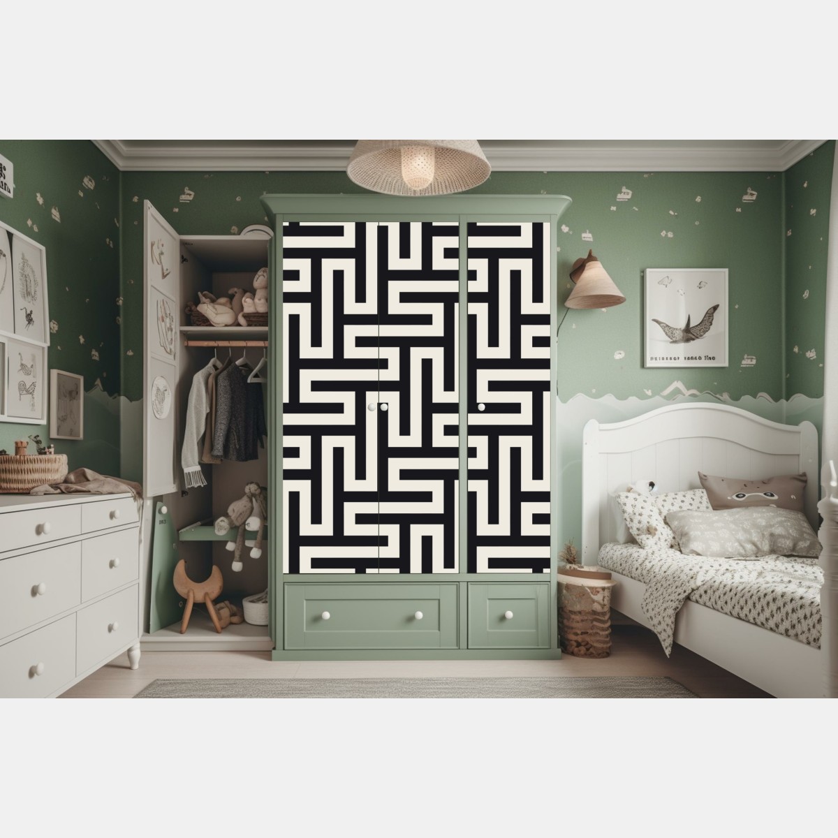 Naklejka na szafę geometryczny wzór labiryntu w beżu i czerni – Wallissimo® Naklejka na szafę geometryczny wzór labiryntu w beżu i czerni – Wallissimo®