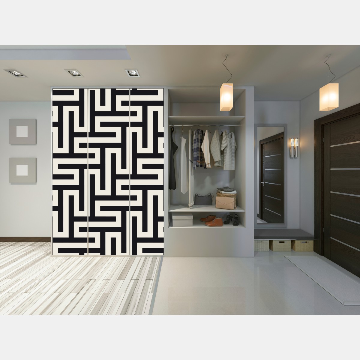 Naklejka na szafę geometryczny wzór labiryntu w beżu i czerni – Wallissimo® Naklejka na szafę geometryczny wzór labiryntu w beżu i czerni – Wallissimo®