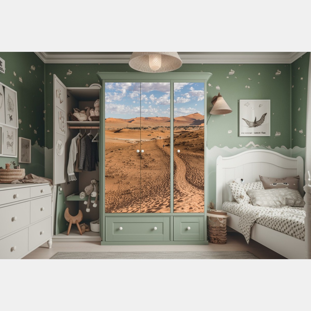 Naklejka na szafę bezgraniczne wydmy pustyni pod błękitnym niebem – Wallissimo® Naklejka na szafę bezgraniczne wydmy pustyni pod błękitnym niebem – Wallissimo®