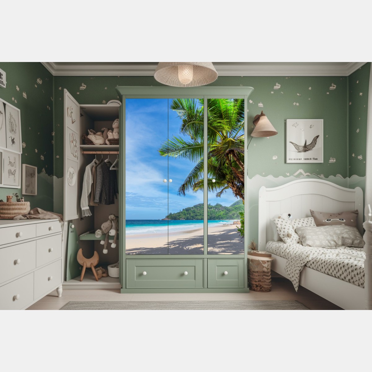 Naklejka na szafę tropikalna plaża z palmami i żaglówką – Wallissimo® Naklejka na szafę tropikalna plaża z palmami i żaglówką – Wallissimo®