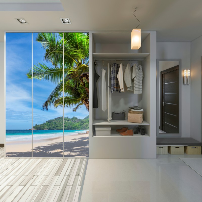 Naklejka na szafę tropikalna plaża z palmami i żaglówką – Wallissimo® Naklejka na szafę tropikalna plaża z palmami i żaglówką – Wallissimo®