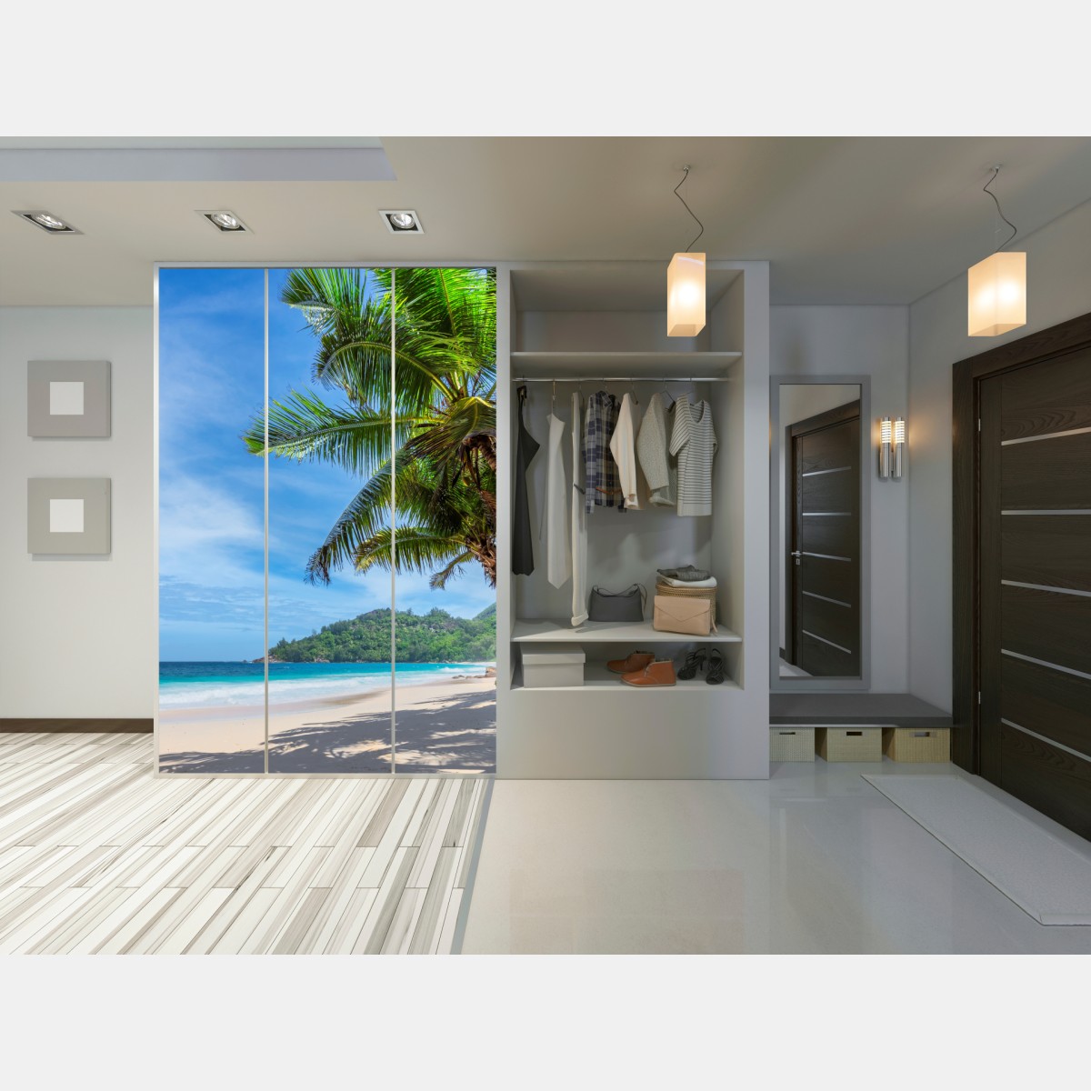 Naklejka na szafę tropikalna plaża z palmami i żaglówką – Wallissimo® Naklejka na szafę tropikalna plaża z palmami i żaglówką – Wallissimo®