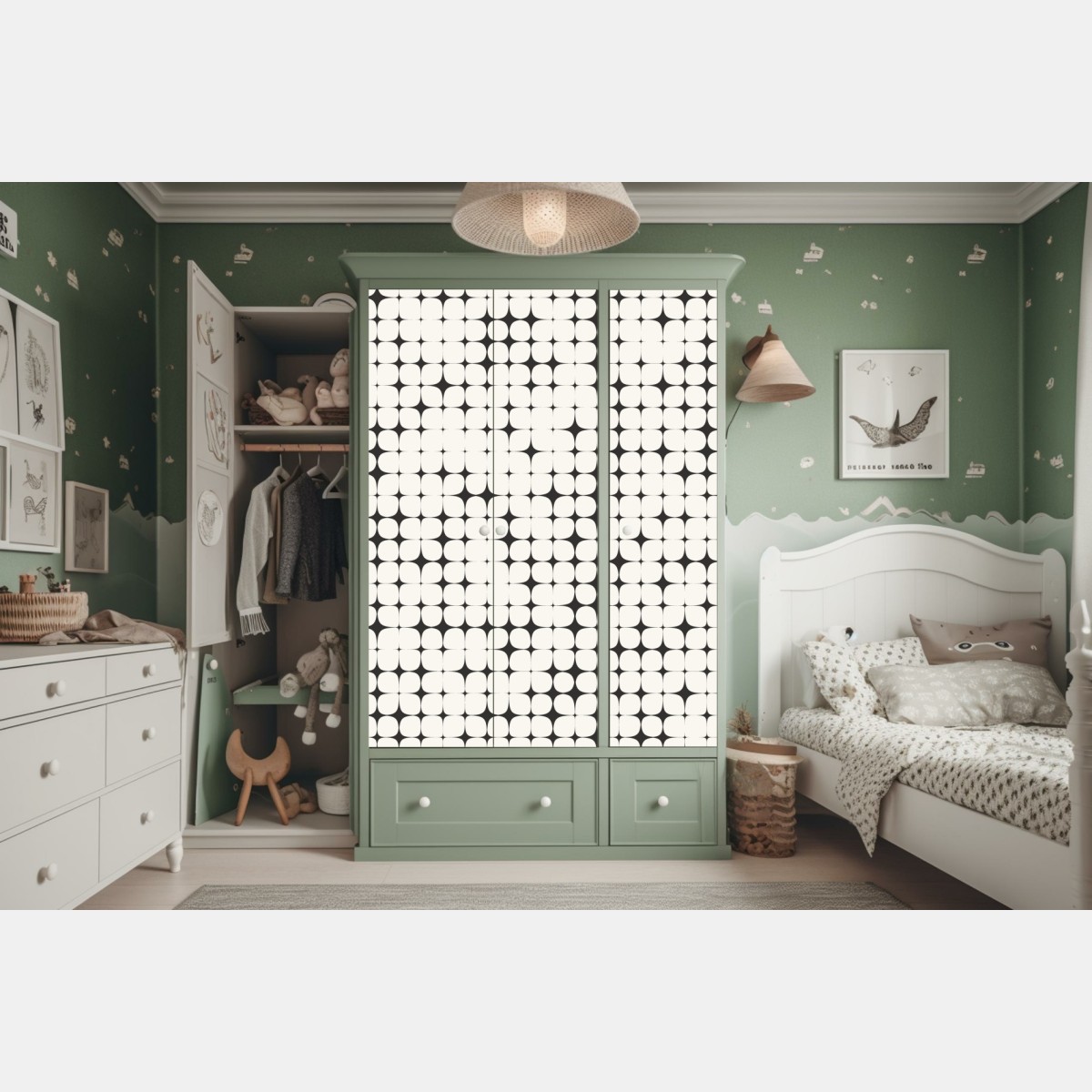 Naklejka na szafę monochromatyczny geometryczny wzór z kropkami – Wallissimo® Naklejka na szafę monochromatyczny geometryczny wzór z kropkami – Wallissimo®