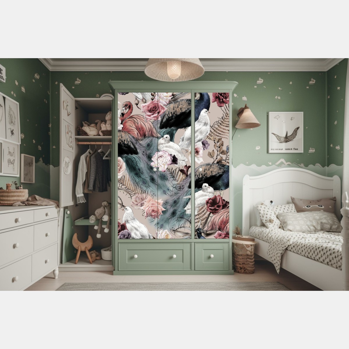 Naklejka na szafę akwarelowy wzór z ptakami i różami – Wallissimo® Naklejka na szafę akwarelowy wzór z ptakami i różami – Wallissimo®