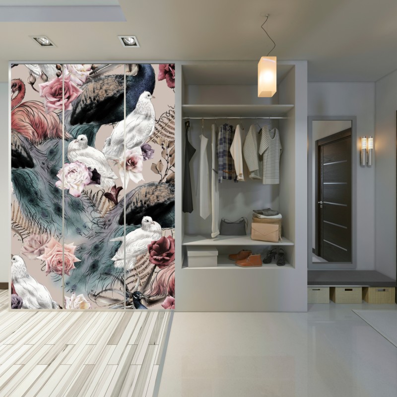 Naklejka na szafę akwarelowy wzór z ptakami i różami – Wallissimo® Naklejka na szafę akwarelowy wzór z ptakami i różami – Wallissimo®