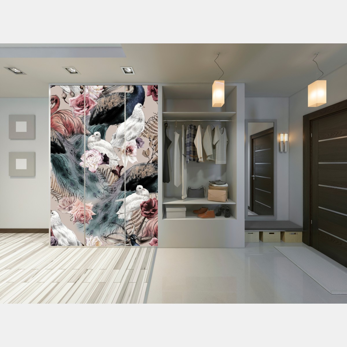 Naklejka na szafę akwarelowy wzór z ptakami i różami – Wallissimo® Naklejka na szafę akwarelowy wzór z ptakami i różami – Wallissimo®