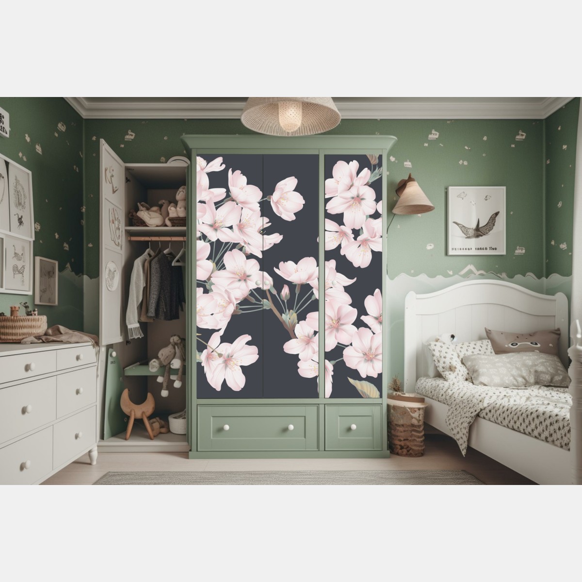 Naklejka na szafę delikatny wzór kwiatów wiśni – Wallissimo® Naklejka na szafę delikatny wzór kwiatów wiśni – Wallissimo®