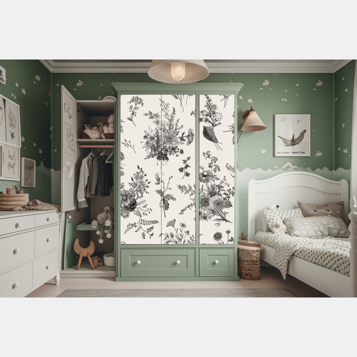 Naklejka na szafę klasyczny czarno-biały wzór kwiatowy – Wallissimo® Naklejka na szafę klasyczny czarno-biały wzór kwiatowy – Wallissimo®