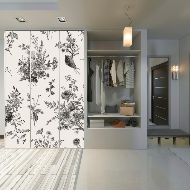 Naklejka na szafę klasyczny czarno-biały wzór kwiatowy – Wallissimo® Naklejka na szafę klasyczny czarno-biały wzór kwiatowy – Wallissimo®