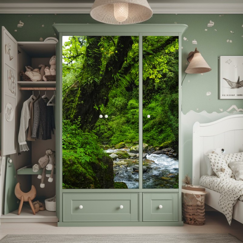 Naklejka na szafę botaniczny wzór liści w turkusie i koralu – Wallissimo®