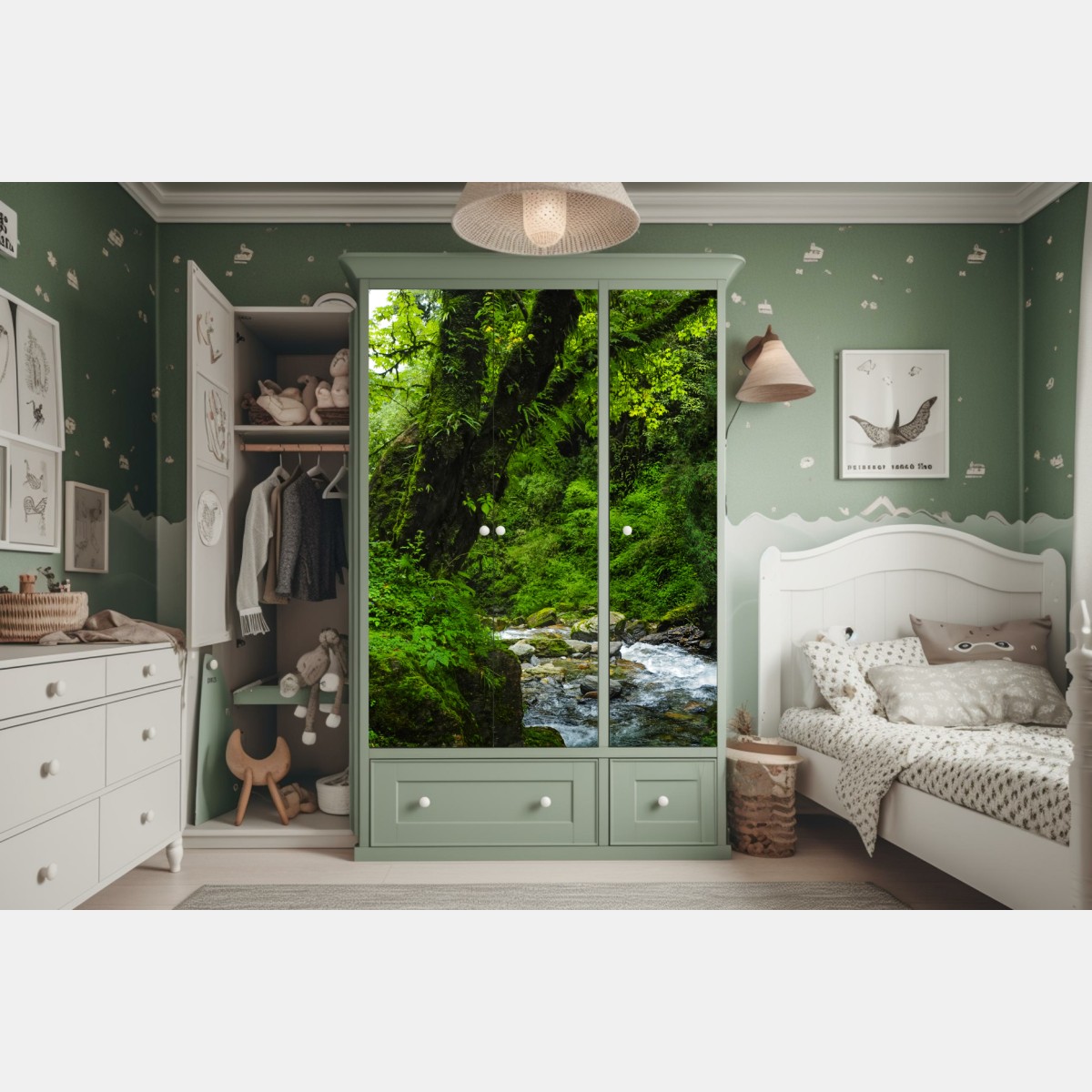 Naklejka na szafę bujny zielony wodospad w lesie – Wallissimo® Naklejka na szafę bujny zielony wodospad w lesie – Wallissimo®