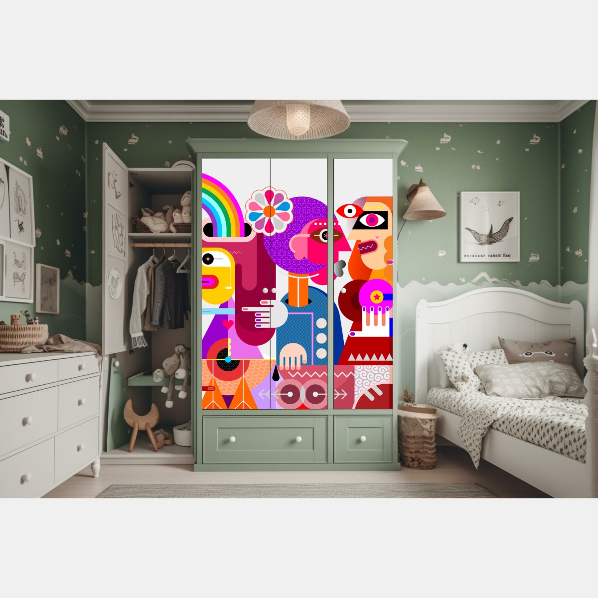 Naklejka na szafę mężczyzna z tęczą jadący na geometrycznym ptaku – Wallissimo® Naklejka na szafę mężczyzna z tęczą jadący na geometrycznym ptaku – Wallissimo®