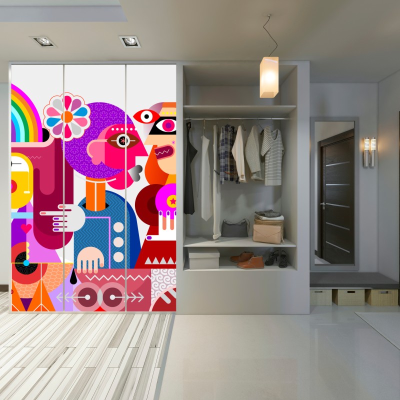 Naklejka na szafę mężczyzna z tęczą jadący na geometrycznym ptaku – Wallissimo® Naklejka na szafę mężczyzna z tęczą jadący na geometrycznym ptaku – Wallissimo®