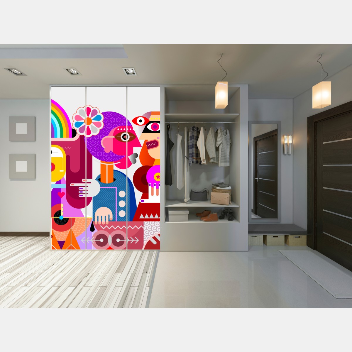 Naklejka na szafę mężczyzna z tęczą jadący na geometrycznym ptaku – Wallissimo® Naklejka na szafę mężczyzna z tęczą jadący na geometrycznym ptaku – Wallissimo®