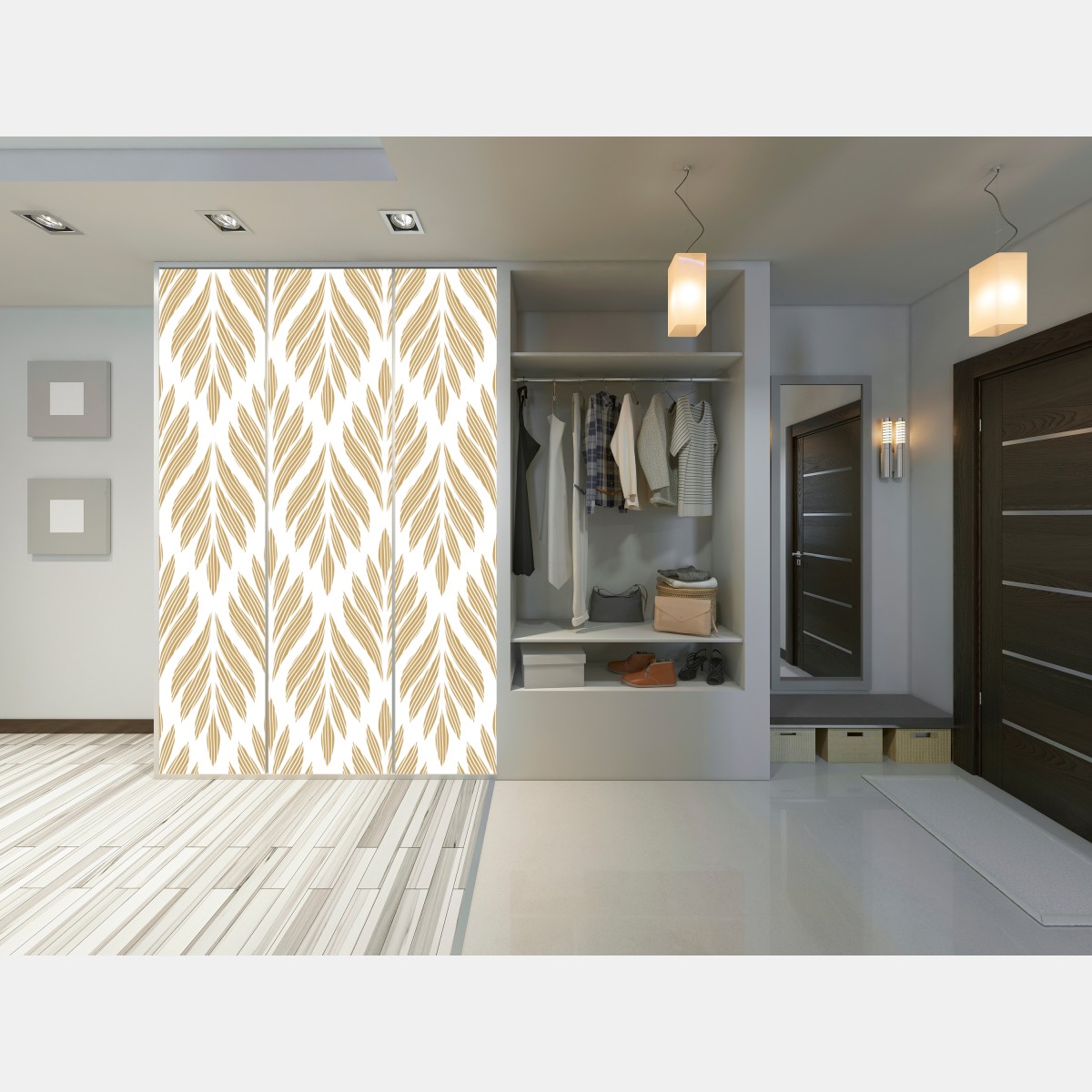 Naklejka na szafę złoty wzór liści - bezszwowy motyw – Wallissimo® Naklejka na szafę złoty wzór liści - bezszwowy motyw – Wallissimo®