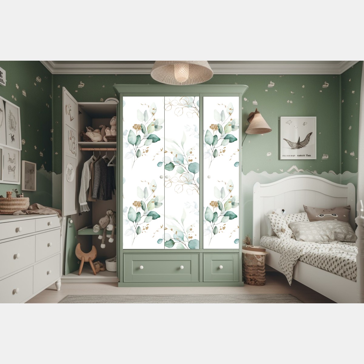Naklejka na szafę akwarelowy wzór eukaliptusa w zieleni – Wallissimo® Naklejka na szafę akwarelowy wzór eukaliptusa w zieleni – Wallissimo®