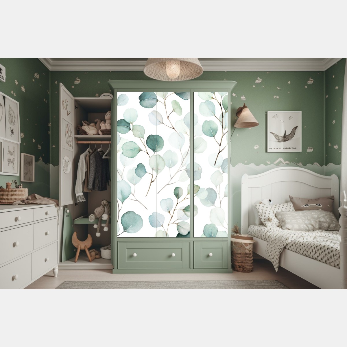 Naklejka na szafę delikatny wzór liści eukaliptusa w akwareli – Wallissimo® Naklejka na szafę delikatny wzór liści eukaliptusa w akwareli – Wallissimo®