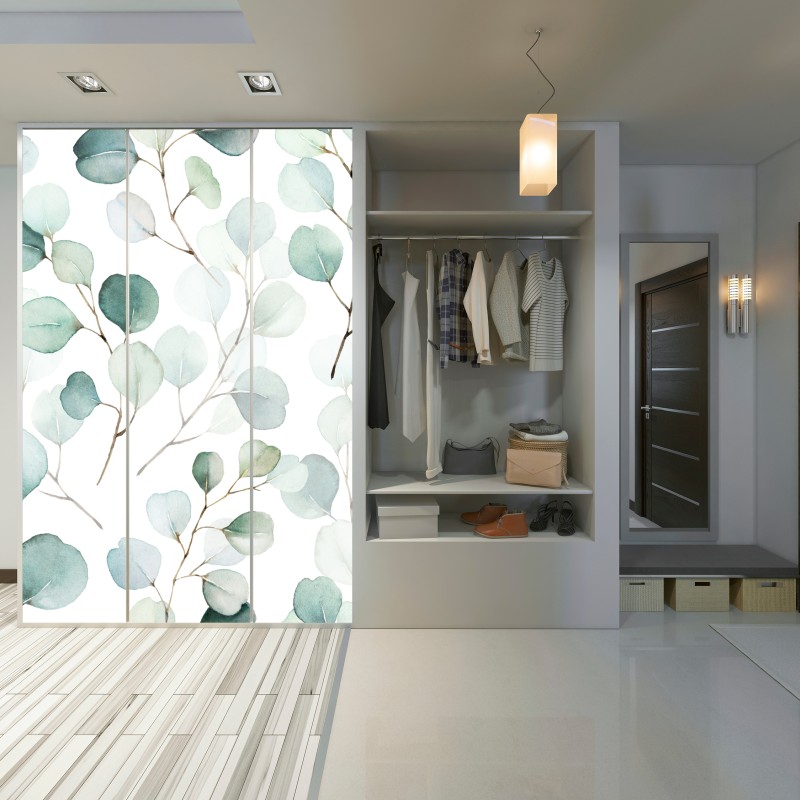 Naklejka na szafę delikatny wzór liści eukaliptusa w akwareli – Wallissimo® Naklejka na szafę delikatny wzór liści eukaliptusa w akwareli – Wallissimo®