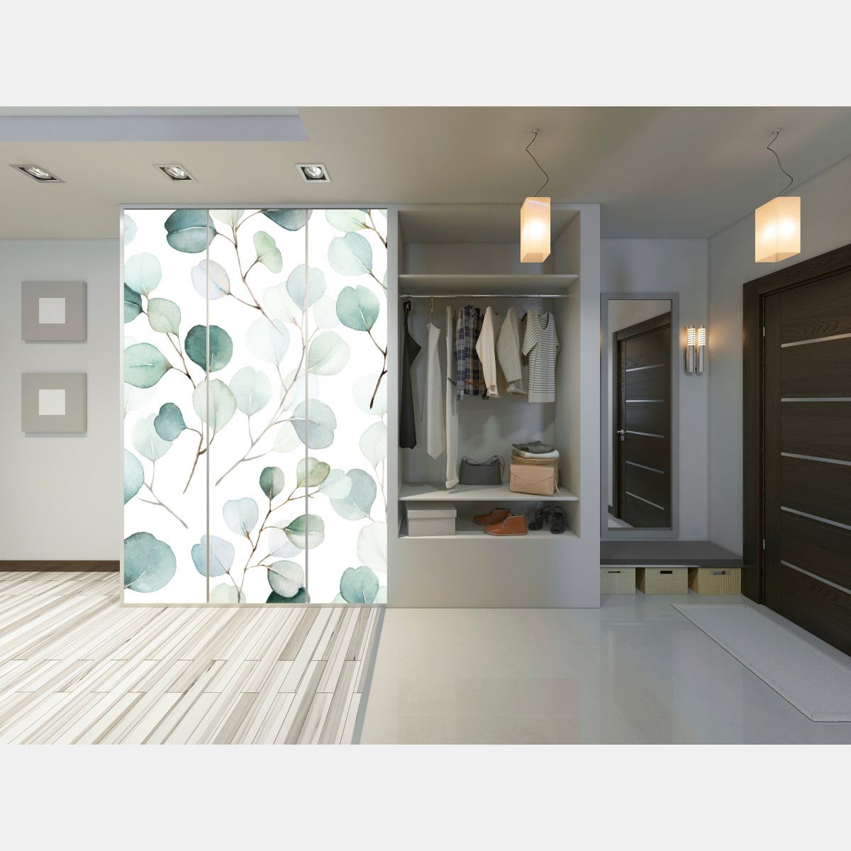 Naklejka na szafę delikatny wzór liści eukaliptusa w akwareli – Wallissimo® Naklejka na szafę delikatny wzór liści eukaliptusa w akwareli – Wallissimo®