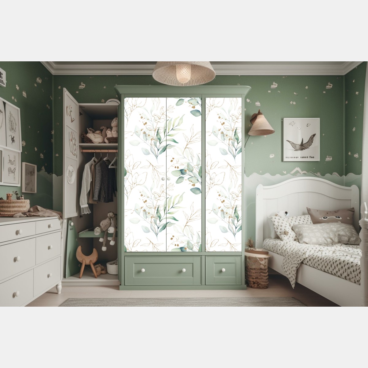 Naklejka na szafę miękki wzór eukaliptusa w akwareli – Wallissimo® Naklejka na szafę miękki wzór eukaliptusa w akwareli – Wallissimo®