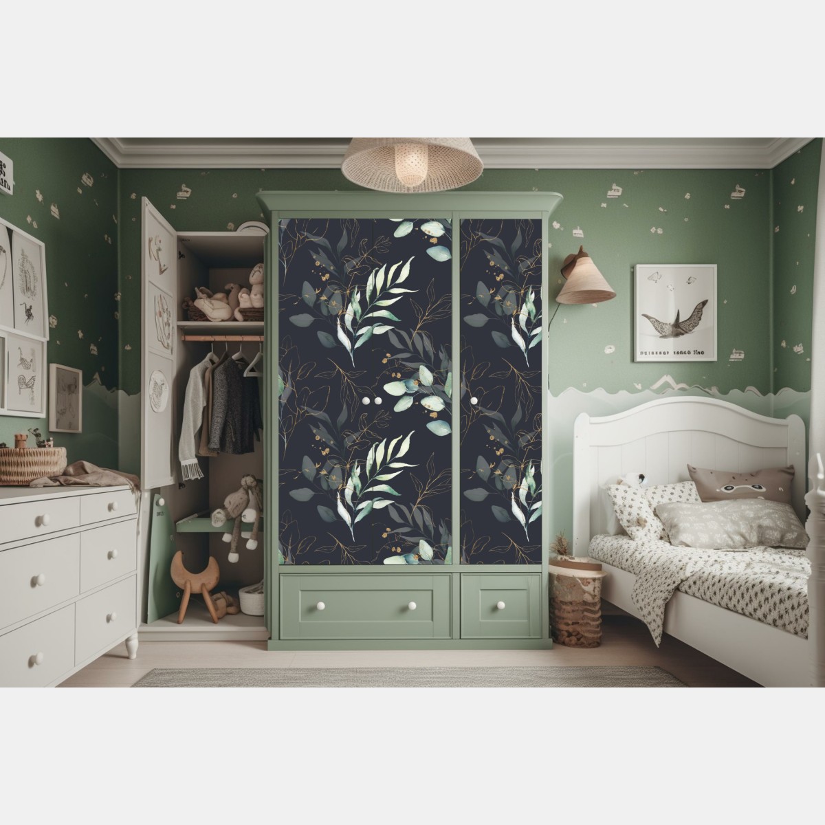 Naklejka na szafę akwarelowe liście eukaliptusa na ciemnym tle – Wallissimo® Naklejka na szafę akwarelowe liście eukaliptusa na ciemnym tle – Wallissimo®