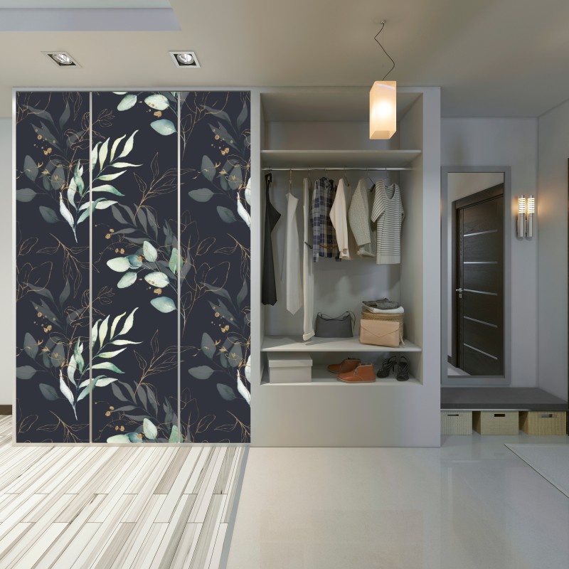 Naklejka na szafę akwarelowe liście eukaliptusa na ciemnym tle – Wallissimo® Naklejka na szafę akwarelowe liście eukaliptusa na ciemnym tle – Wallissimo®