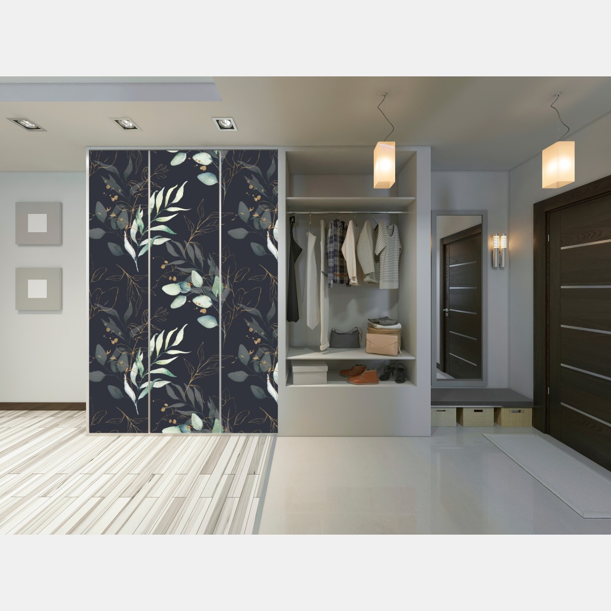 Naklejka na szafę akwarelowe liście eukaliptusa na ciemnym tle – Wallissimo® Naklejka na szafę akwarelowe liście eukaliptusa na ciemnym tle – Wallissimo®