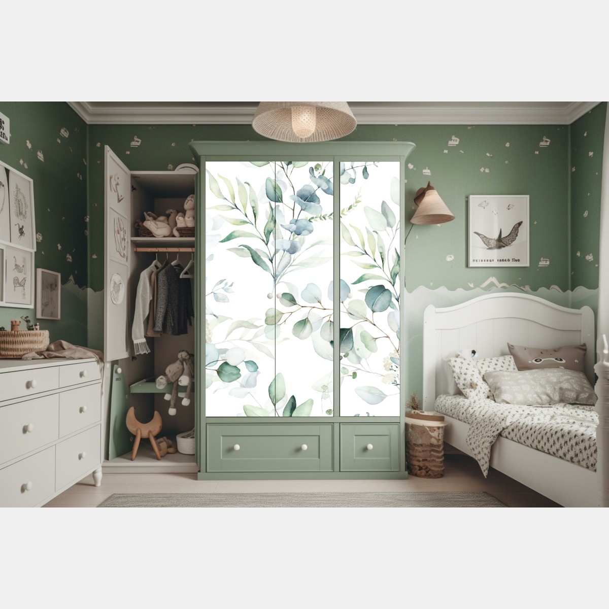 Naklejka na szafę akwarelowy wzór eukaliptusa i liści – Wallissimo® Naklejka na szafę akwarelowy wzór eukaliptusa i liści – Wallissimo®