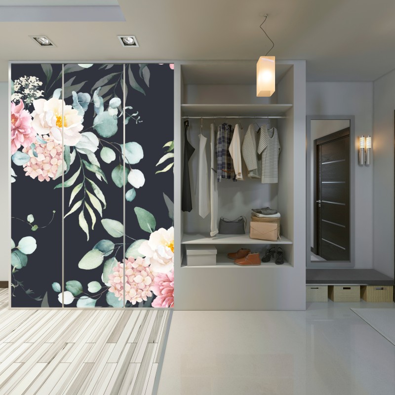 Naklejka na szafę elegancki akwarelowy wzór kwiatowy na ciemnym tle – Wallissimo® Naklejka na szafę elegancki akwarelowy wzór kwiatowy na ciemnym tle – Wallissimo®