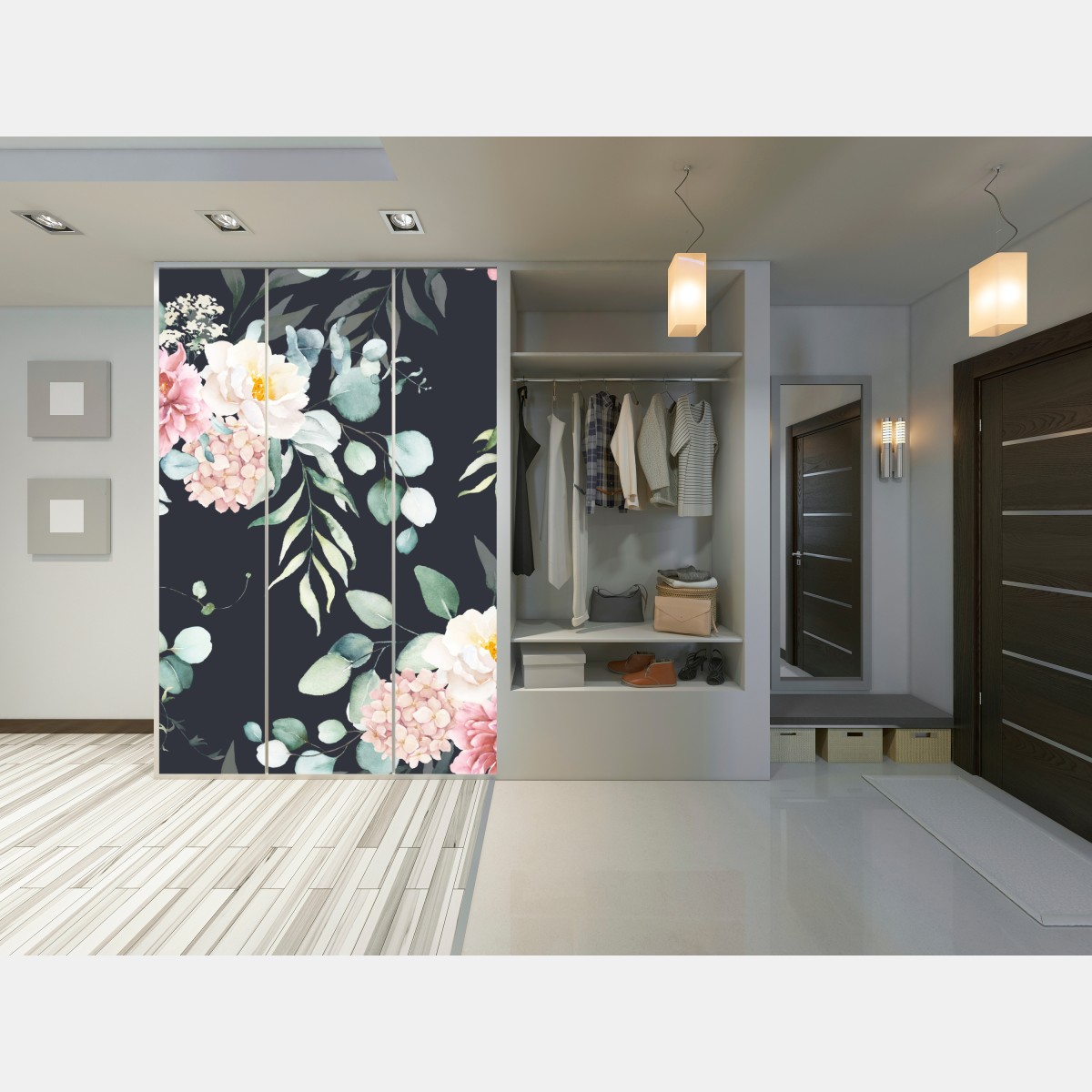 Naklejka na szafę elegancki akwarelowy wzór kwiatowy na ciemnym tle – Wallissimo® Naklejka na szafę elegancki akwarelowy wzór kwiatowy na ciemnym tle – Wallissimo®