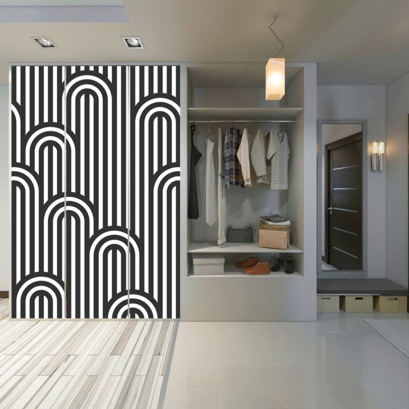 Naklejka na szafę czarno-biały geometryczny wzór w paski – Wallissimo® Naklejka na szafę czarno-biały geometryczny wzór w paski – Wallissimo®
