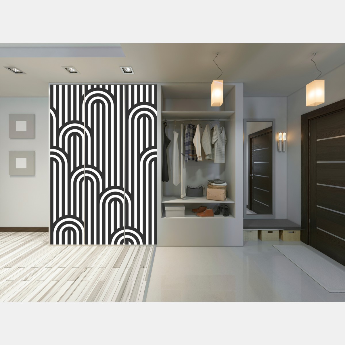 Naklejka na szafę czarno-biały geometryczny wzór w paski – Wallissimo® Naklejka na szafę czarno-biały geometryczny wzór w paski – Wallissimo®