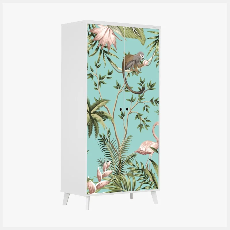 Naklejka na szafę tropikalna scena dżungli ze słoniem i flamingiem