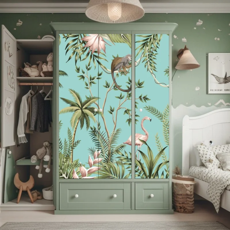 Naklejka na szafę różowa papuga i chryzantema - botaniczny motyw – Wallissimo®