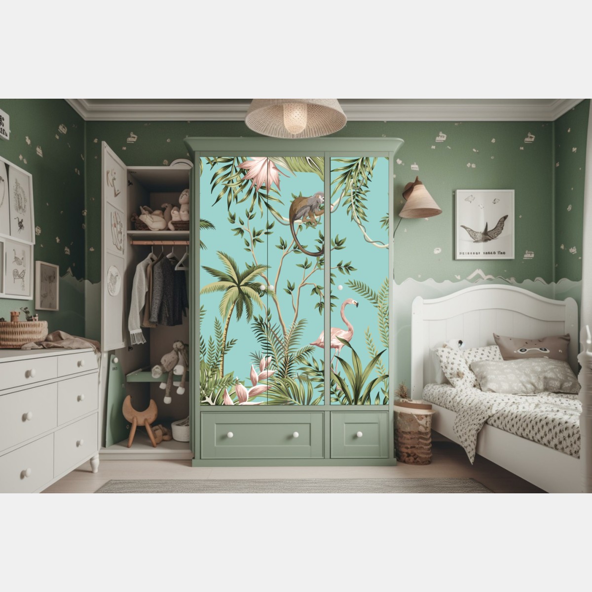 Naklejka na szafę tropikalna scena dżungli ze słoniem i flamingiem – Wallissimo® Naklejka na szafę tropikalna scena dżungli ze słoniem i flamingiem – Wallissimo®