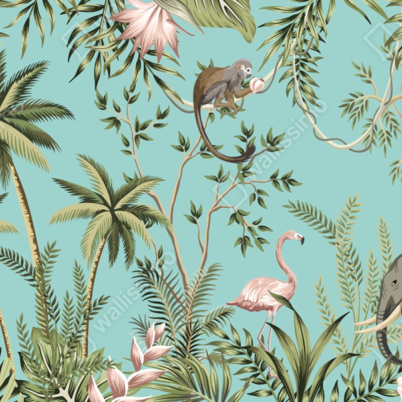 Naklejka na szafę tropikalna scena dżungli ze słoniem i flamingiem – Wallissimo® Naklejka na szafę tropikalna scena dżungli ze słoniem i flamingiem – Wallissimo®