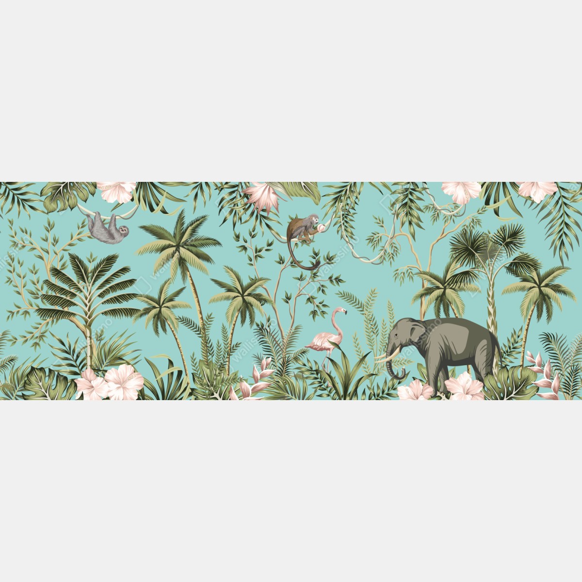 Naklejka na szafę tropikalna scena dżungli ze słoniem i flamingiem – Wallissimo® Naklejka na szafę tropikalna scena dżungli ze słoniem i flamingiem – Wallissimo®