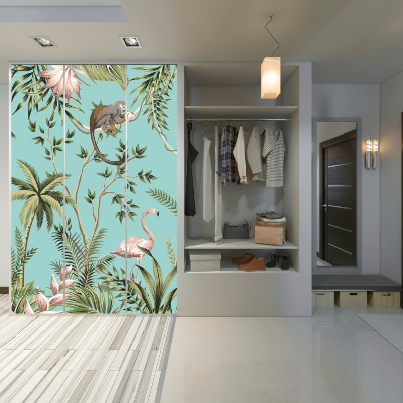 Naklejka na szafę tropikalna scena dżungli ze słoniem i flamingiem – Wallissimo® Naklejka na szafę tropikalna scena dżungli ze słoniem i flamingiem – Wallissimo®