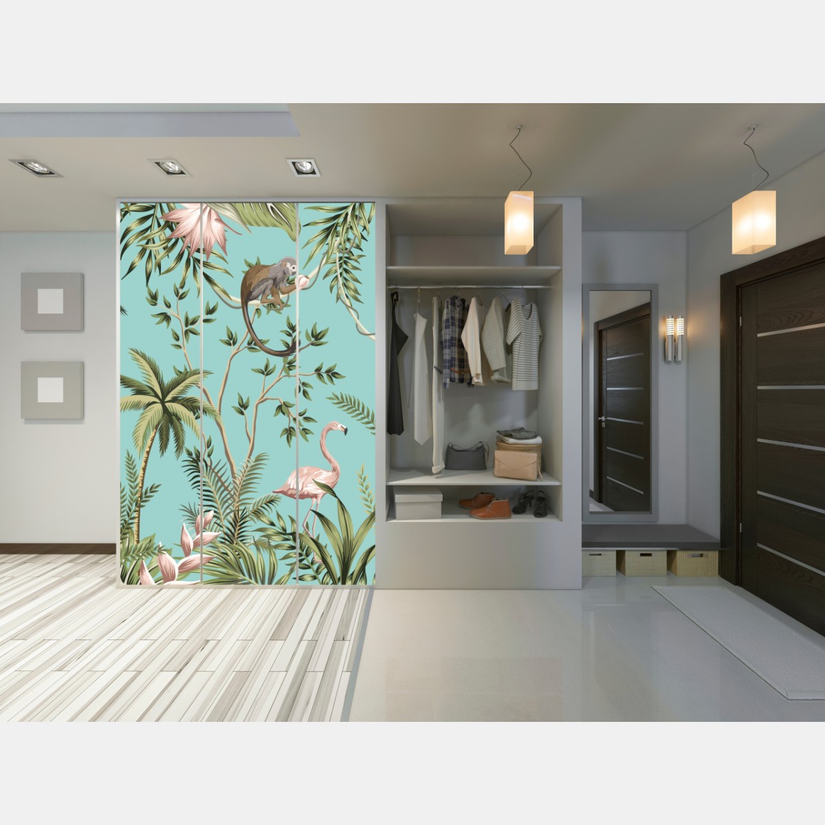 Naklejka na szafę tropikalna scena dżungli ze słoniem i flamingiem – Wallissimo® Naklejka na szafę tropikalna scena dżungli ze słoniem i flamingiem – Wallissimo®