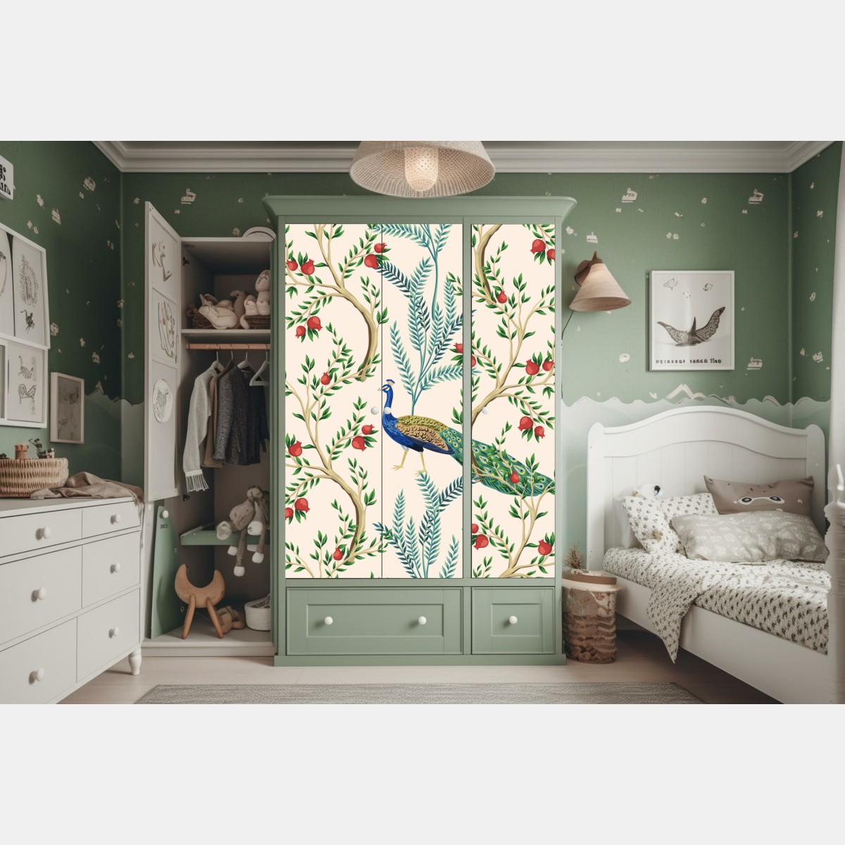 Naklejka na szafę paw wśród gałęzi granatu – Wallissimo® Naklejka na szafę paw wśród gałęzi granatu – Wallissimo®