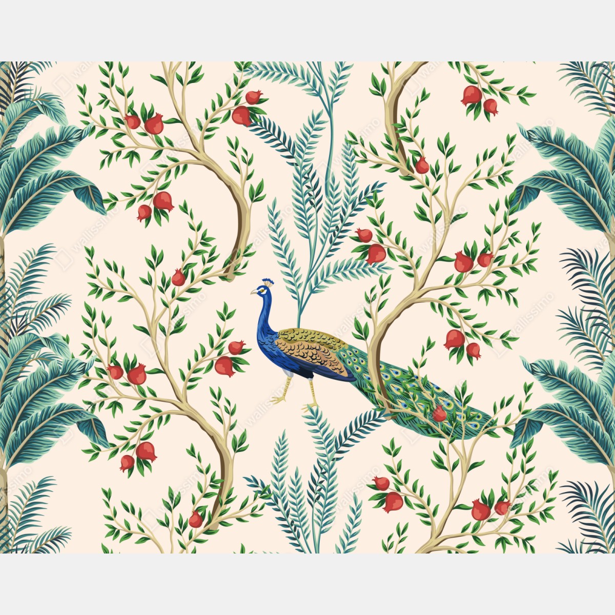 Naklejka na szafę paw wśród gałęzi granatu – Wallissimo® Naklejka na szafę paw wśród gałęzi granatu – Wallissimo®