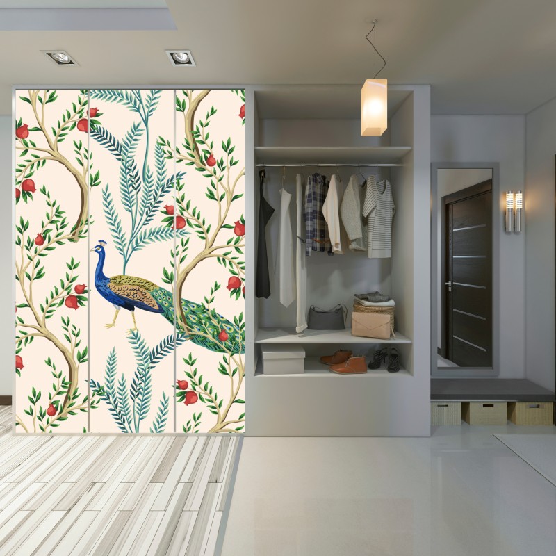 Naklejka na szafę paw wśród gałęzi granatu – Wallissimo® Naklejka na szafę paw wśród gałęzi granatu – Wallissimo®