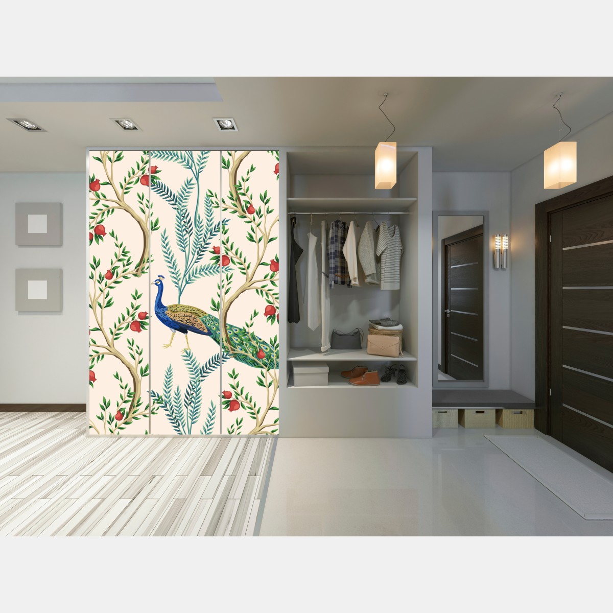 Naklejka na szafę paw wśród gałęzi granatu – Wallissimo® Naklejka na szafę paw wśród gałęzi granatu – Wallissimo®