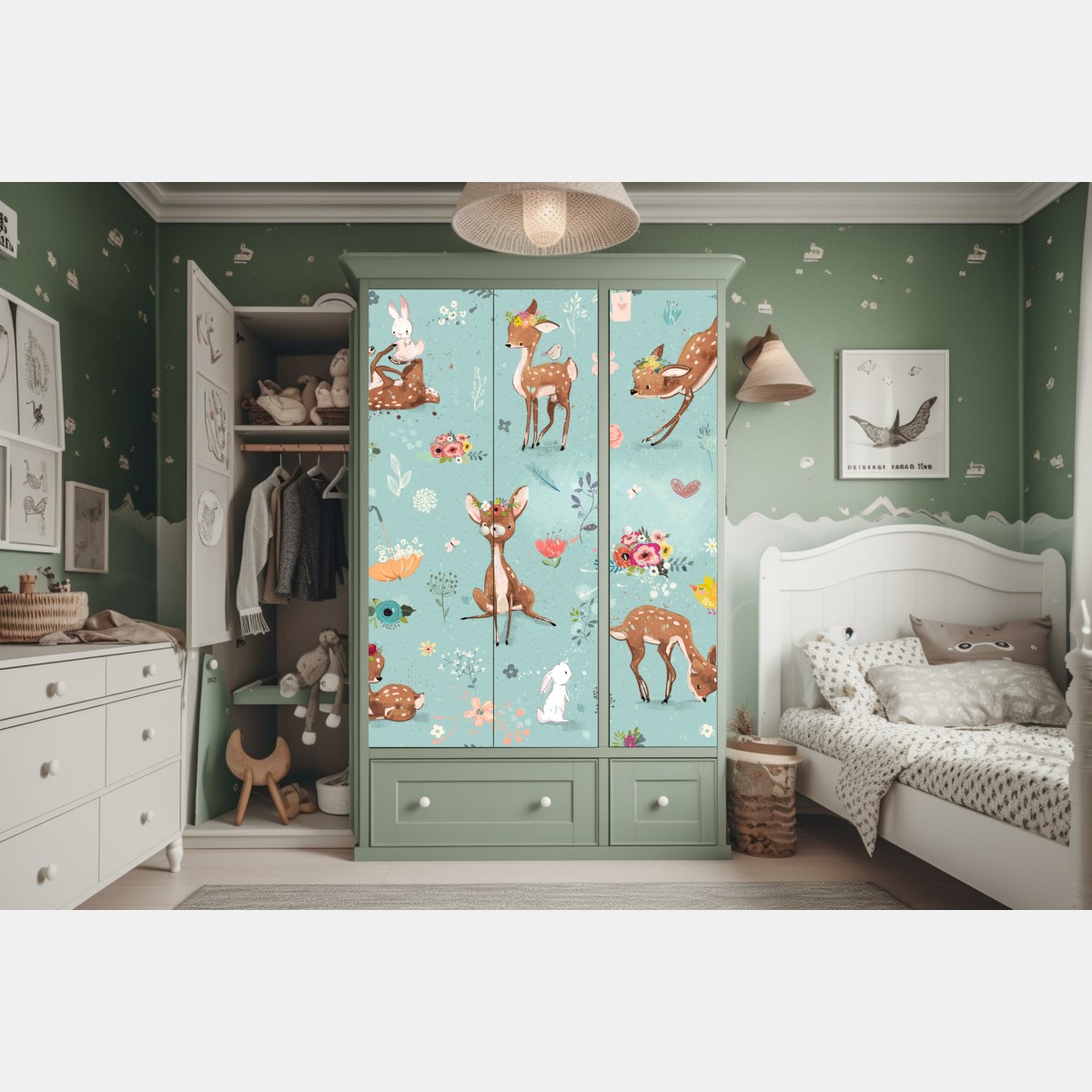Naklejka na szafę pastelowy wzór leśnych sarenek i królików – Wallissimo® Naklejka na szafę pastelowy wzór leśnych sarenek i królików – Wallissimo®
