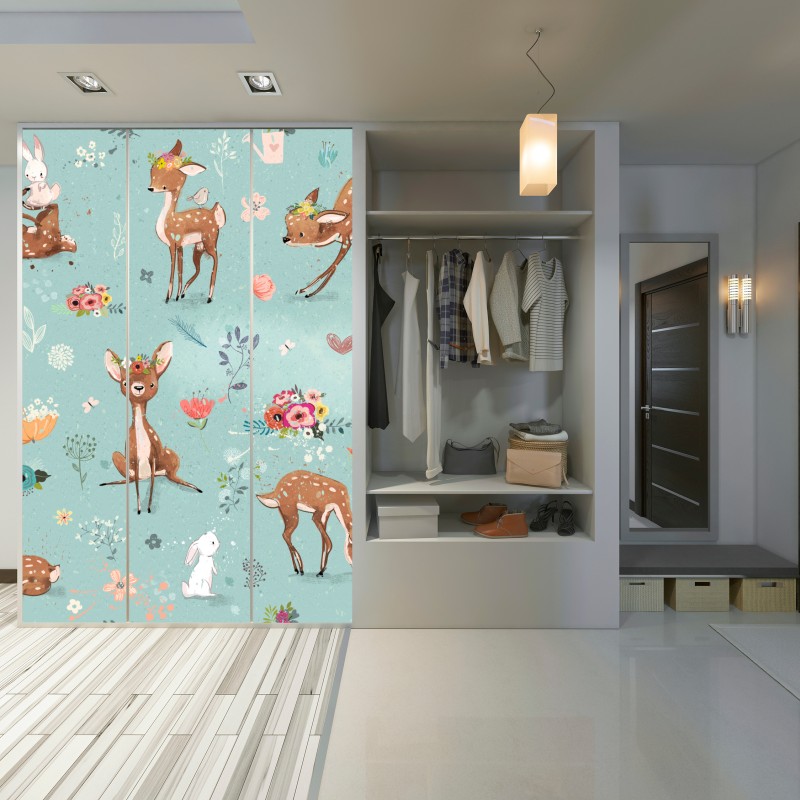 Naklejka na szafę pastelowy wzór leśnych sarenek i królików – Wallissimo® Naklejka na szafę pastelowy wzór leśnych sarenek i królików – Wallissimo®